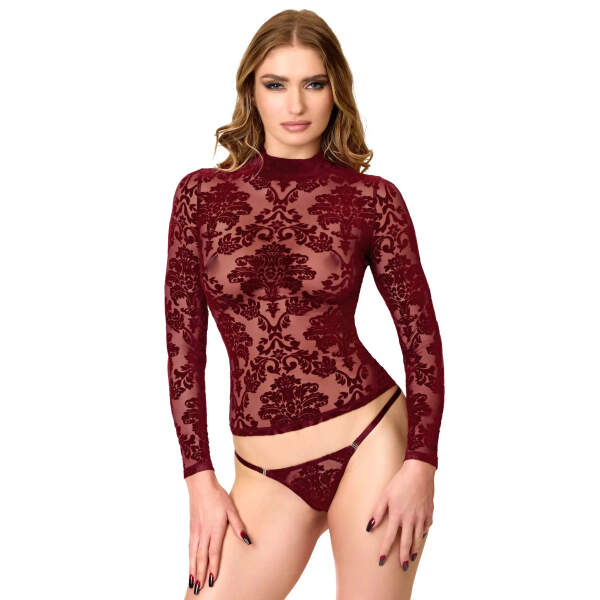 Rode Mesh Top met Lange Mouwen en Flockprint F425 - Masquerade - Noir Handmade Front met string F426 BLUR