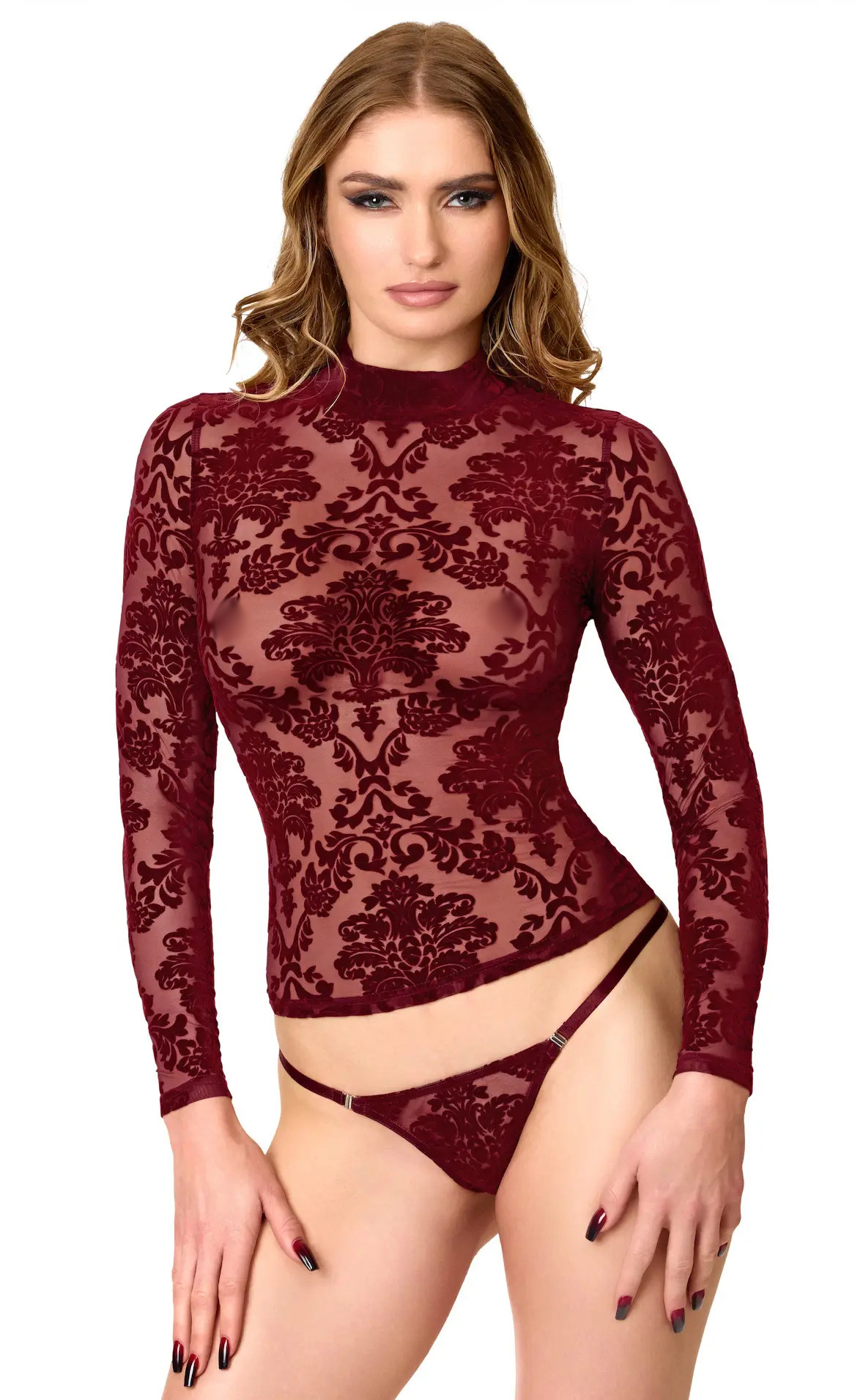 Rode Mesh Top met Lange Mouwen en Flockprint F425 - Masquerade - Noir Handmade Front met string F426 BLUR