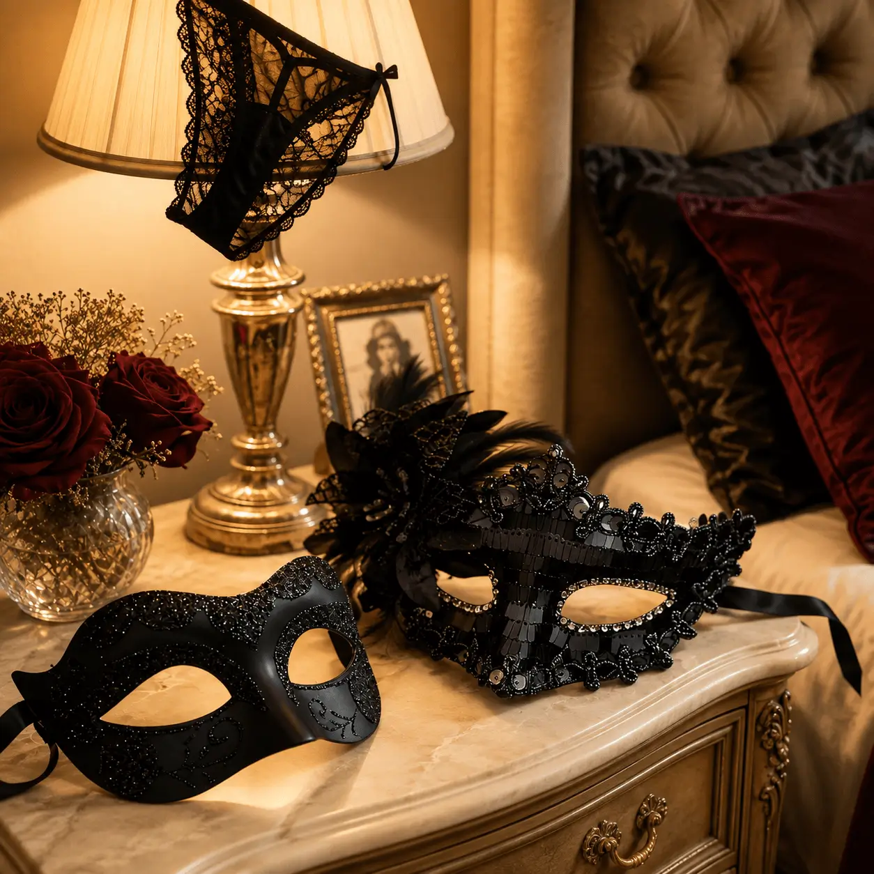 Couple mask voor dame en heer op nachtkaste